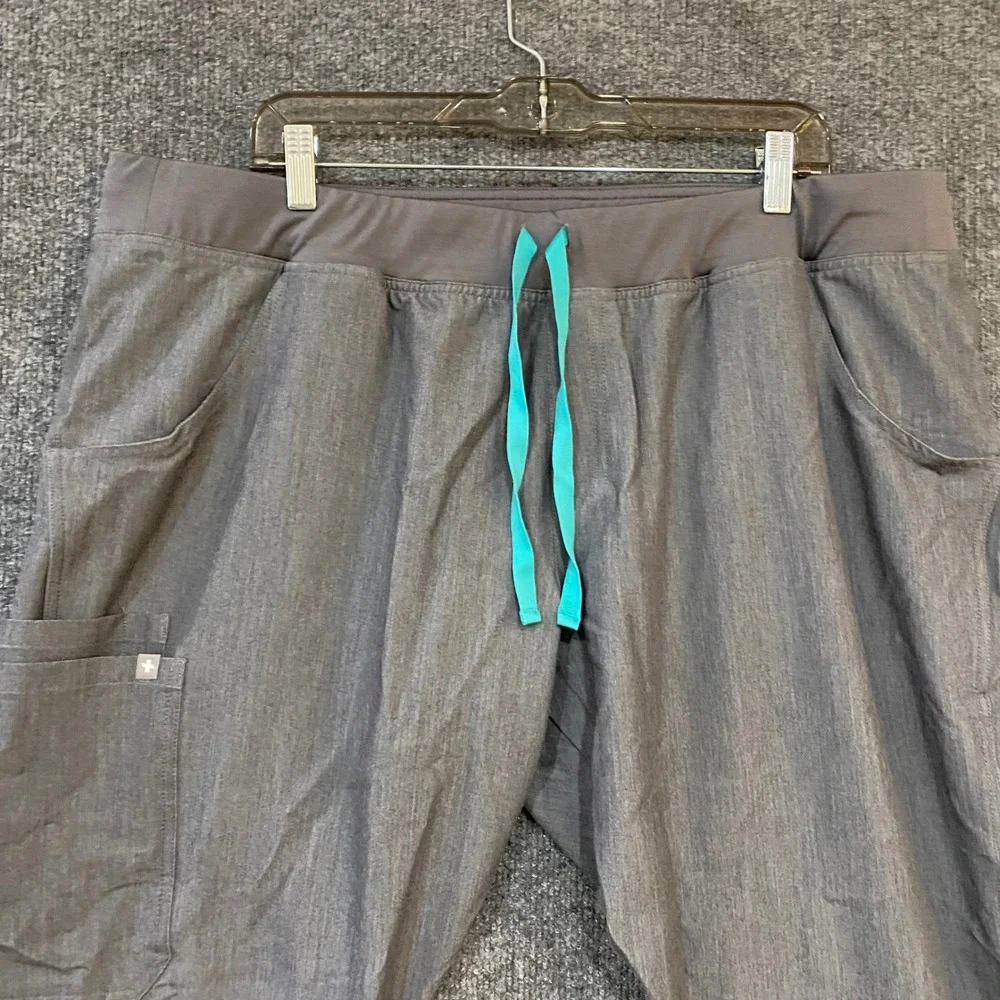 FIGS Technical Collection Scrub Pants XXL Gray Heathered T21004 Teal Drawstring